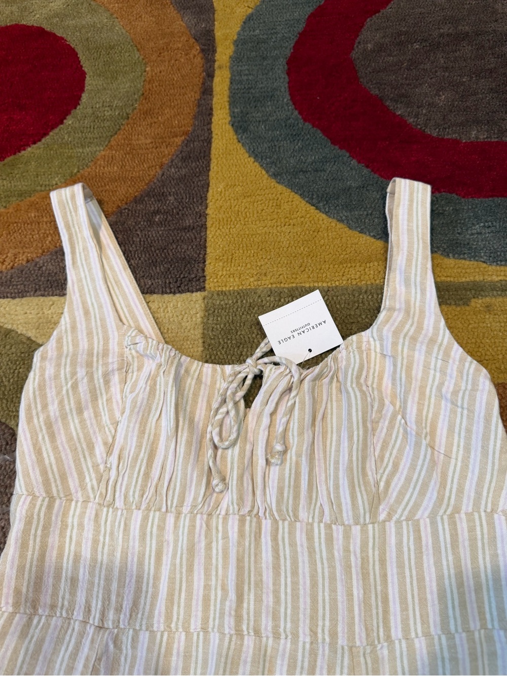 NWT American Eagle Corset Style Linen Midi Dress with Slit Beige Stripes Medium - Picture 2 of 7